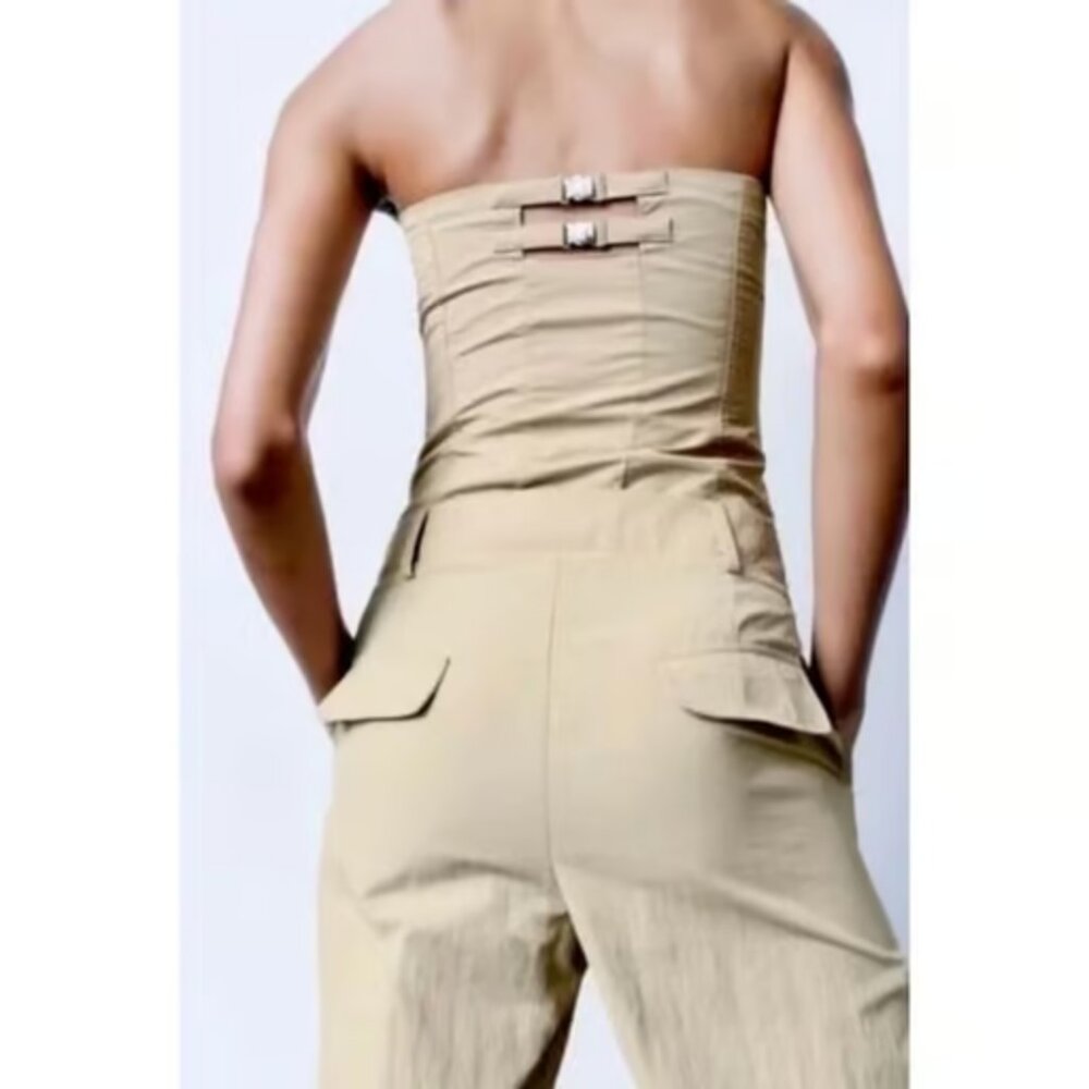 Zara Khaki Cargo Strapless Jumpsuit - Picture 7 of 9